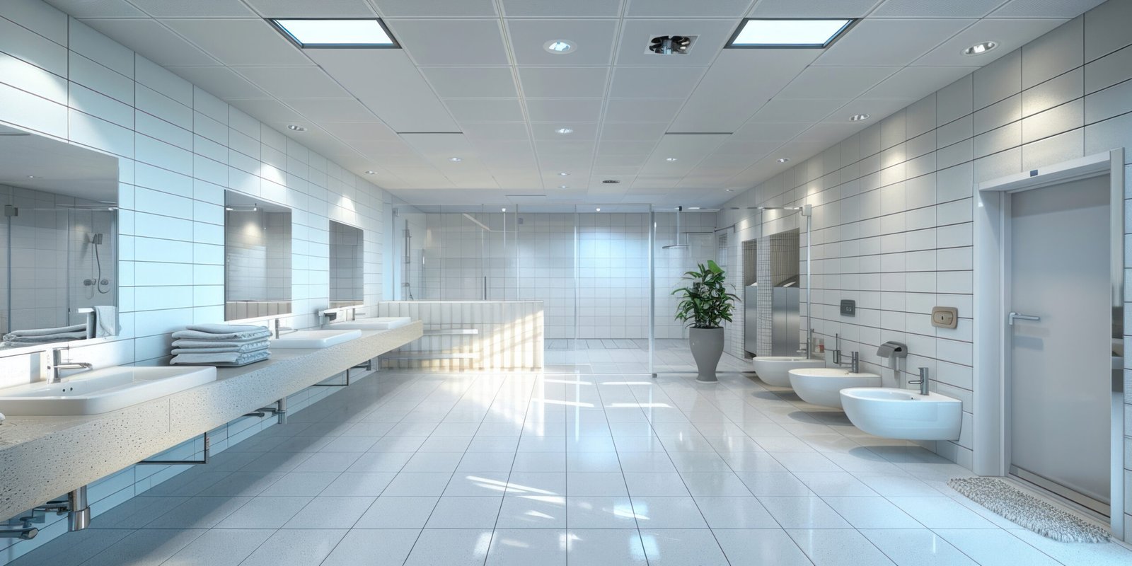 Modern bathroom interior with double sinks and two urinals in 3D ing